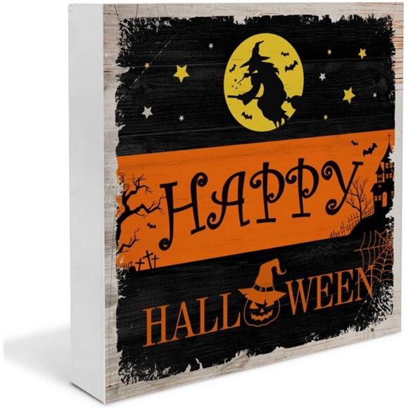 Witch Decor Halloween Wood Sign Happy Halloween Decorations Table Desk 5x5 Inch - Picture 1 of 8